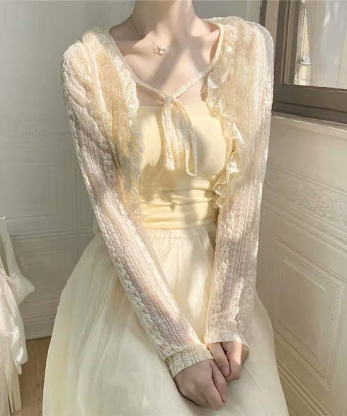 レースボレロカーディガン シアートップス レディース 花柄フリルカーディガン フェミニン 日焼け防止 冷房対策 フロントリボンサマーカーディガン ショート丈春夏服 84WANJIA-017